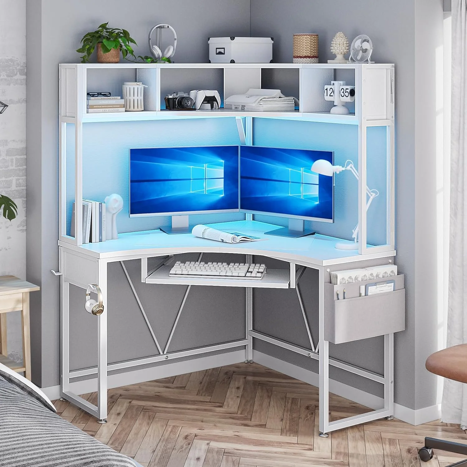 Corner Desk, Small Computer Desk with Hutch & LED Lights, Triangle Corner Computer Desk with Keyboard Tray, Storage Bag