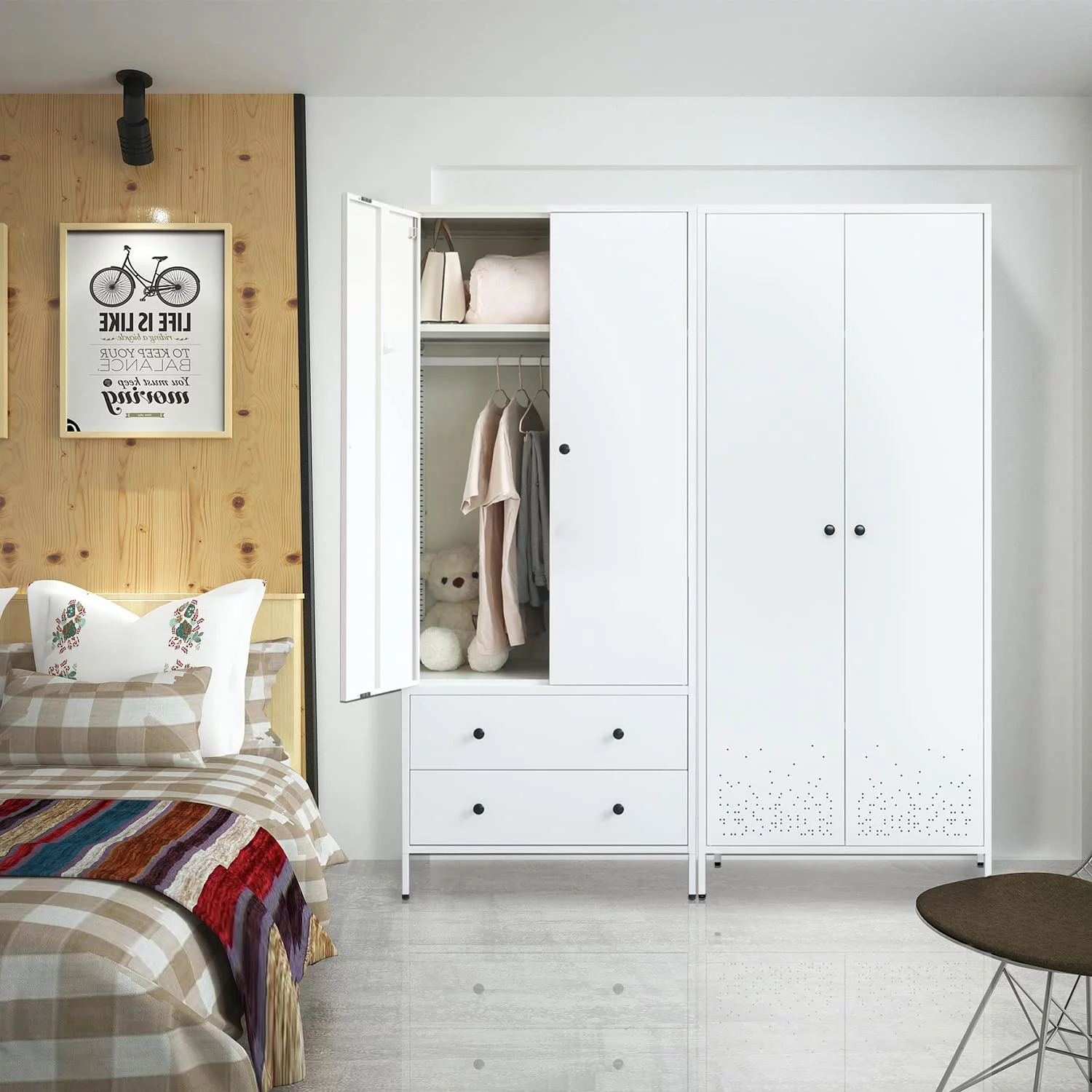 WANHUI Metal Storage Wardrobe with Hanging Rod, Armoire with 2 Doors and 2 Drawers，Steel Wardrobe Closet for Home
