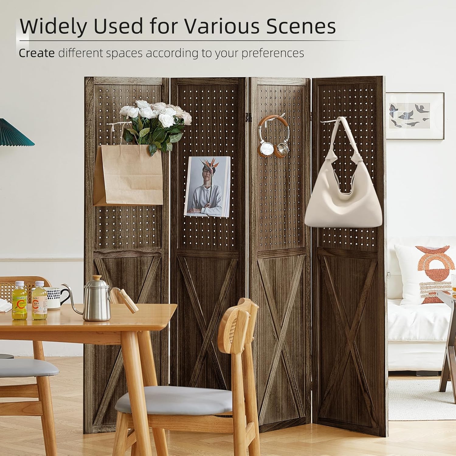 Pegboard Display Wood Room Divider 4 Panel, Folding Privacy Screens, Peg Board Room Divider, 5.6Ft Room Divider