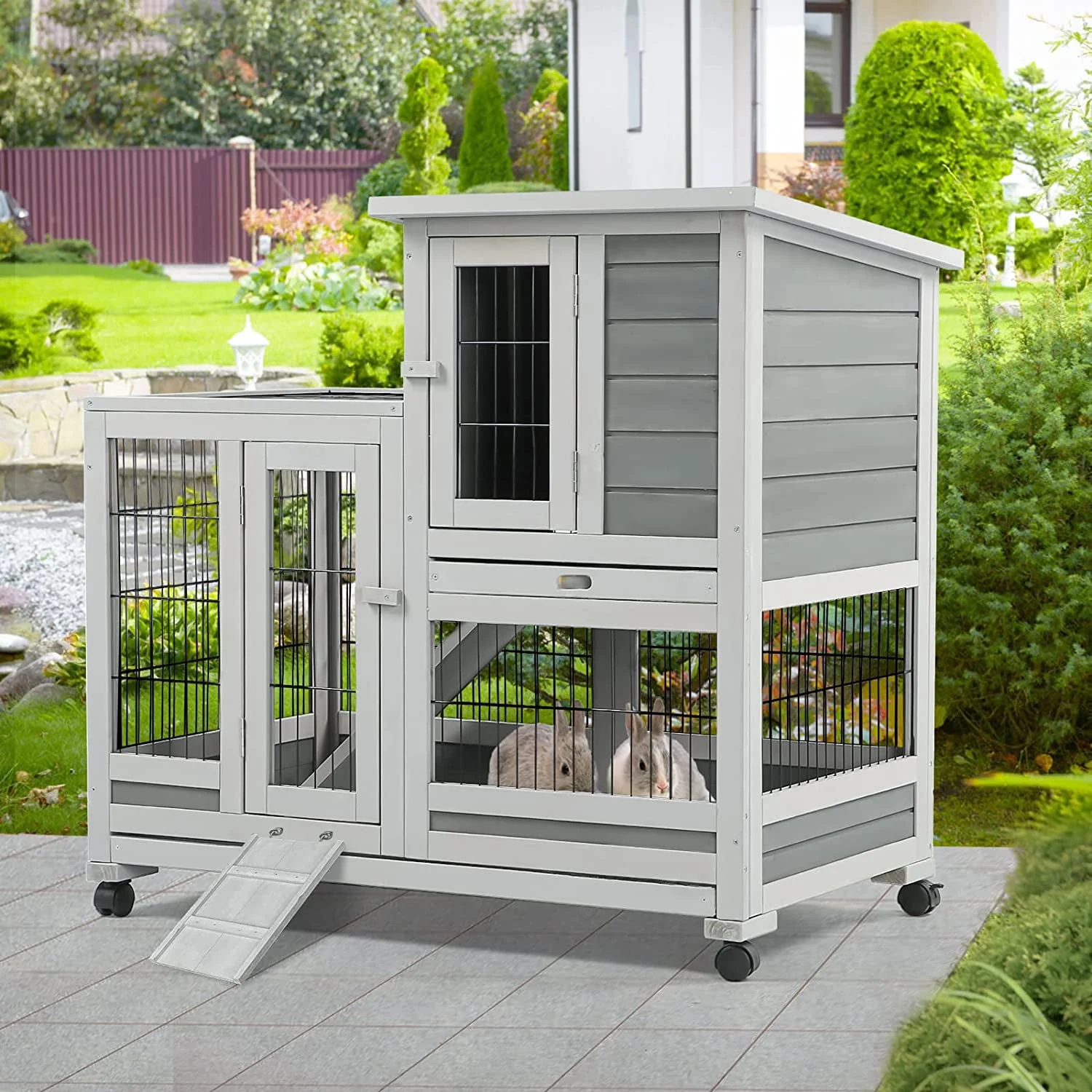 YODOLLA Indoor Rabbit Hutch Bunny Cage Large Pet House for Small Animal with Wheels