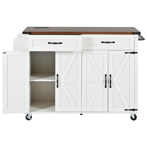 Kitchen Island Cart With Power Outlet, 2 Doors, Drop Leaf, Spice Rack, 2 Drawers - Rolling Storage Cart on Wheels for Home and Dining Room - White