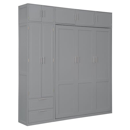P PURLOVE Wood Twin Murphy Bed with Light and USB, Modern Wall Bed with Top Cabinet and Storage Shelves, Space Saving, No Box Spring Needed (Gray)