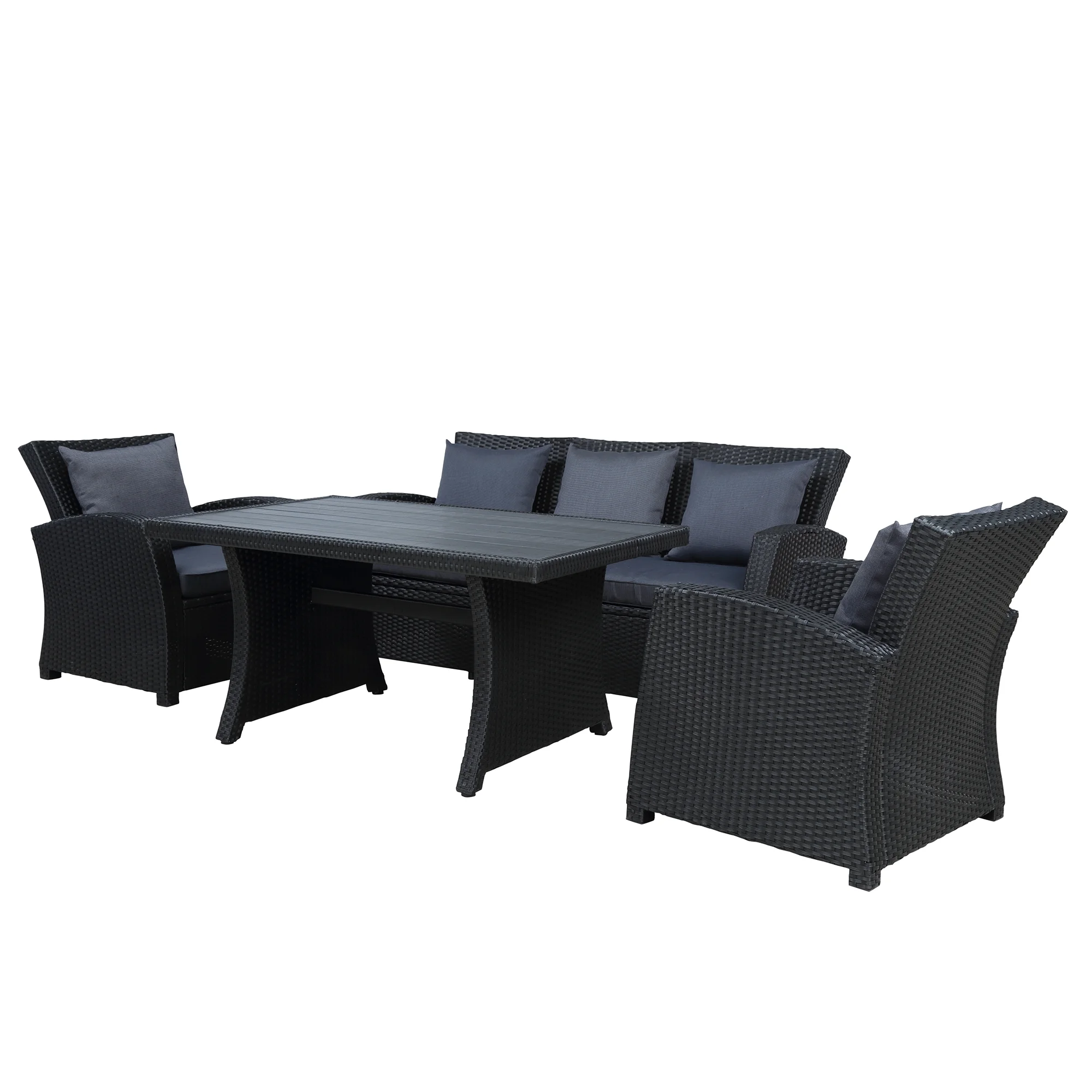 Outdoor 4-Piece Conversation Sofa Set, Patio Wicker Rattan Sectional Furniture Dining Sets with Wood Table Armchairs and Dark Gray Cushions