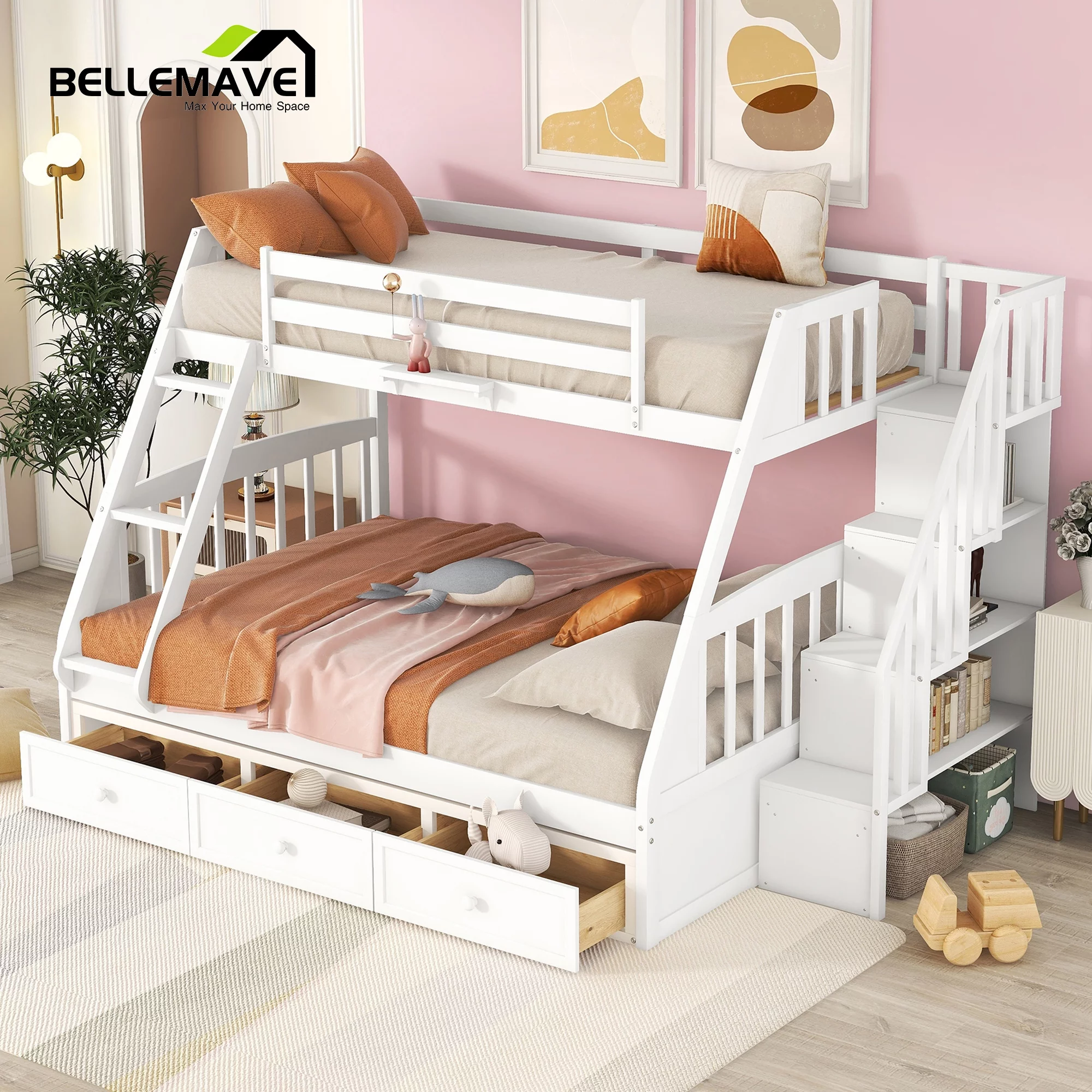 BELLEMAVE Twin over Full Bunk Bed with there drawer, bulid in ladder and storage stairs, Convertible into 2 beds