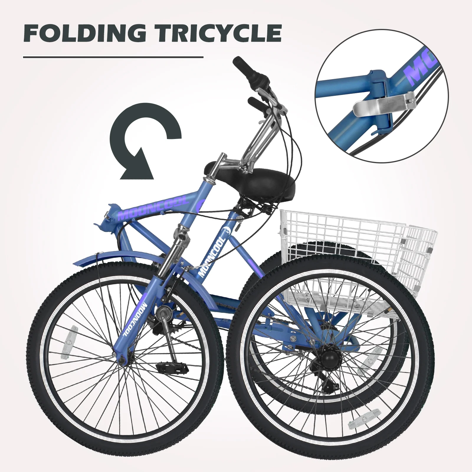 Lilypelle Adult Folding Tricycle with Low Step Through,20/24/26 Inch 7-Speed Three Wheel Cruiser Bike Trike with Cargo Basket