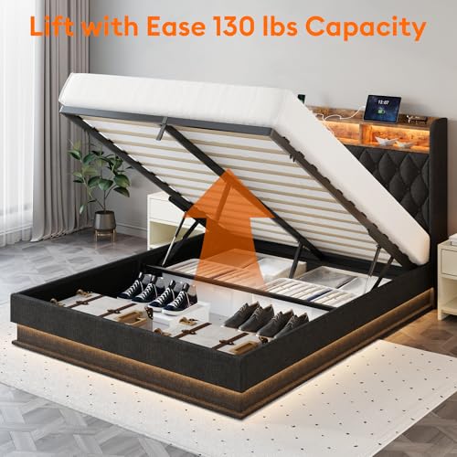 Queen Bed Frame with Storage - Lift Up Queen Size Bed Frame with Headboard, Upholstered Platform Bed with LED Lights & Charging Station