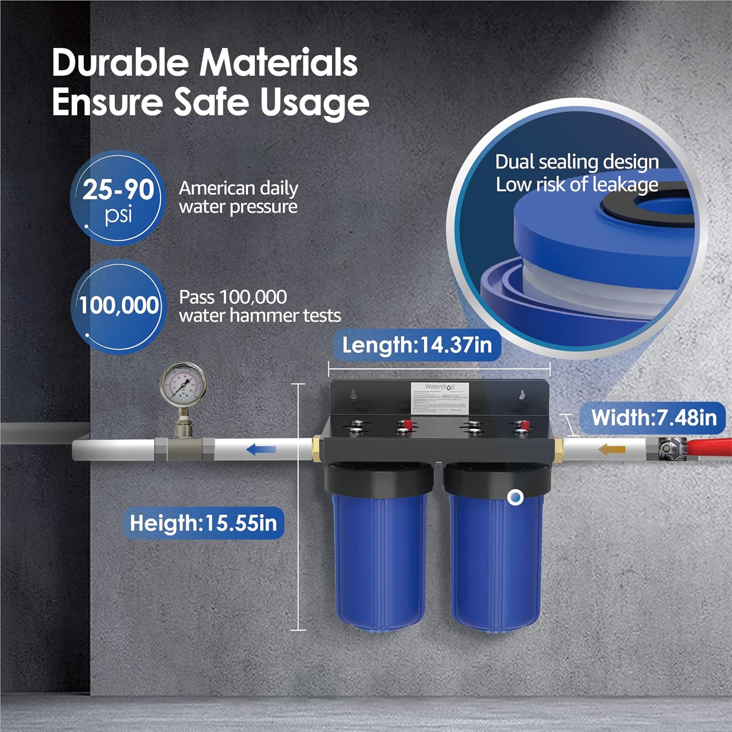 Waterdrop Whole House Water Filter System WD-WHF21-PG, with Spin Down Sediment Water Filter WD-RPFK, with 10" x 4.5" Sediment Filter & Carbon Filter