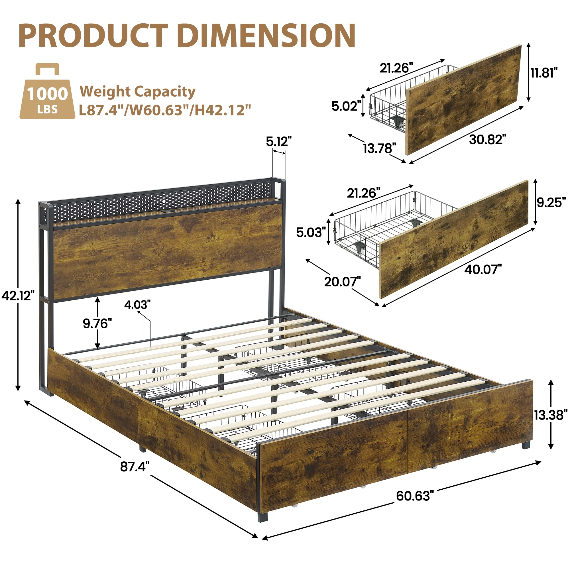 IDEALHOUSE Queen Bed Frame with Storage Headboard and 6 Drawers,LED Bed Frame with Outlets and USB Ports