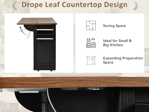 53.7" Farmhouse Kitchen Island with Drop Leaf,2 Drawers,Kitchen Storage Island with Power Outlet,Spice Rack