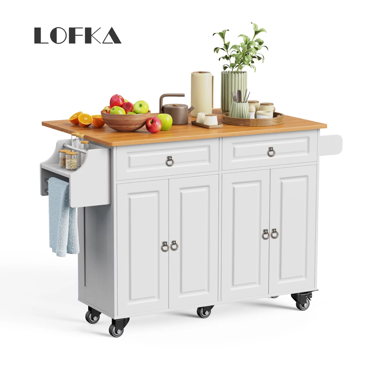 Lofka 52" Kitchen Island with Storage, Kitchen Cart with Drop Leaf, White