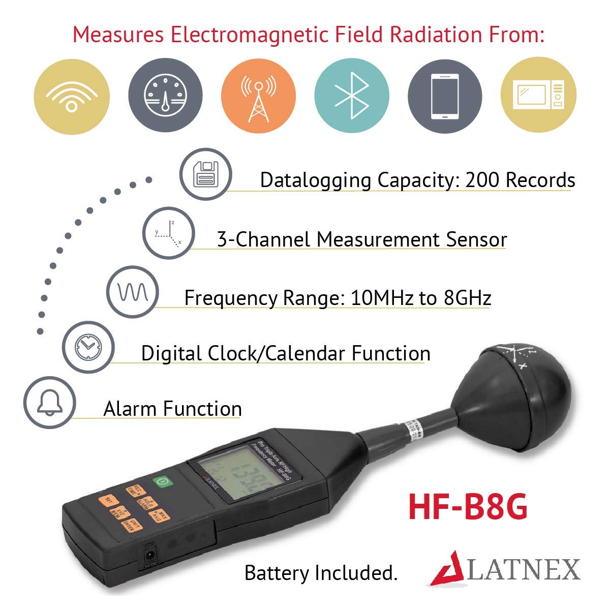 RF EMF meter HF-B8G High Frequency 10Mhz-8Ghz. Measures Wide-Range Electromagnetic Radiation from Cell Towers-Smart Meters-Wi-Fi-Cordless and Cell