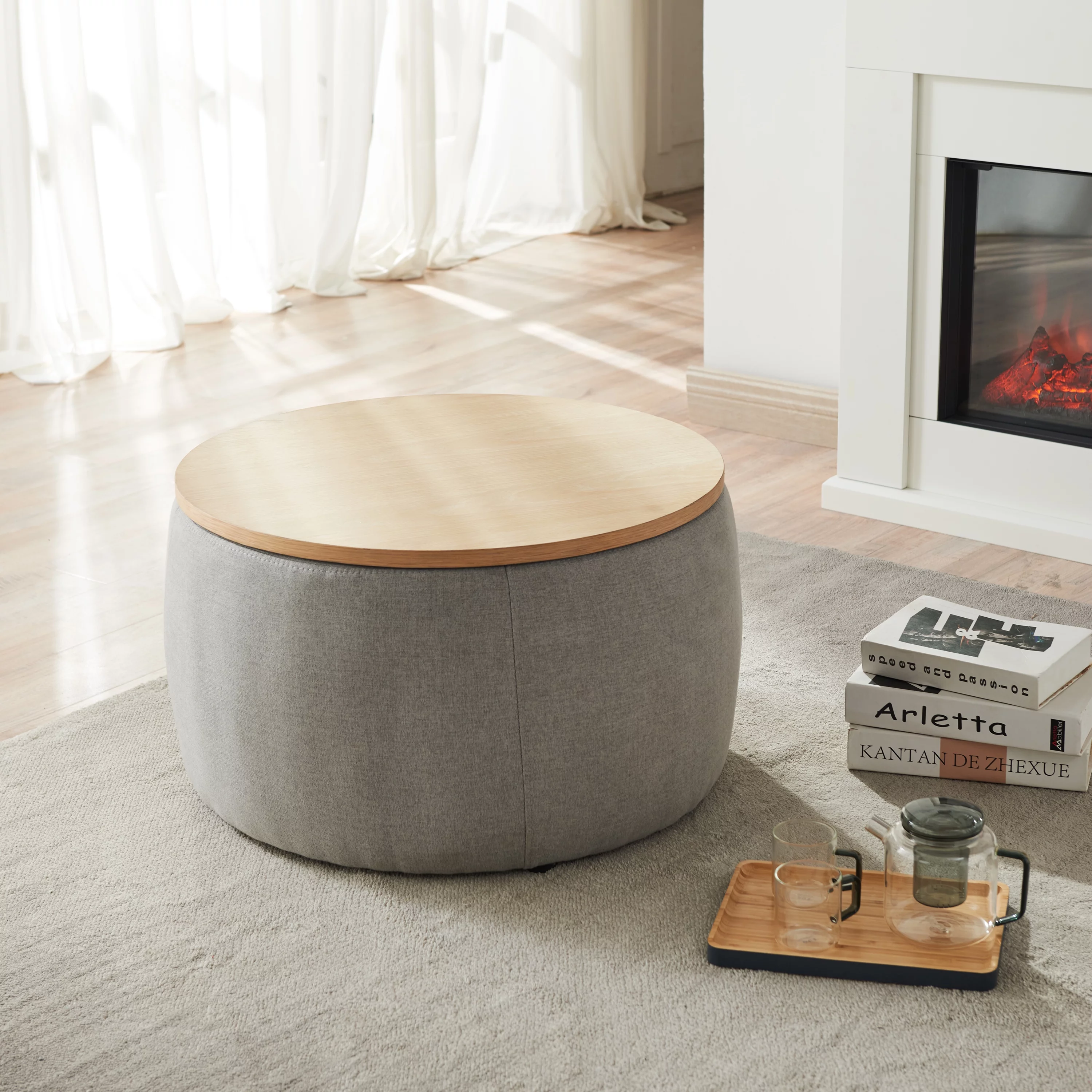 Seizeen Ottoman With Storage, Round Storage Ottoman Coffee Table with Wood Tray, 2-in-1 Fabric End Side Table for Living Room Bedroom, Grey