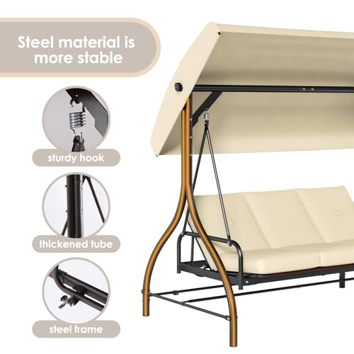 TLSUNNY 3-Seat Outdoor Patio Porch Swing with Adjustable Canopy & Backrest, Convertible Glider Bed with Stand, Removable Seat Cushion