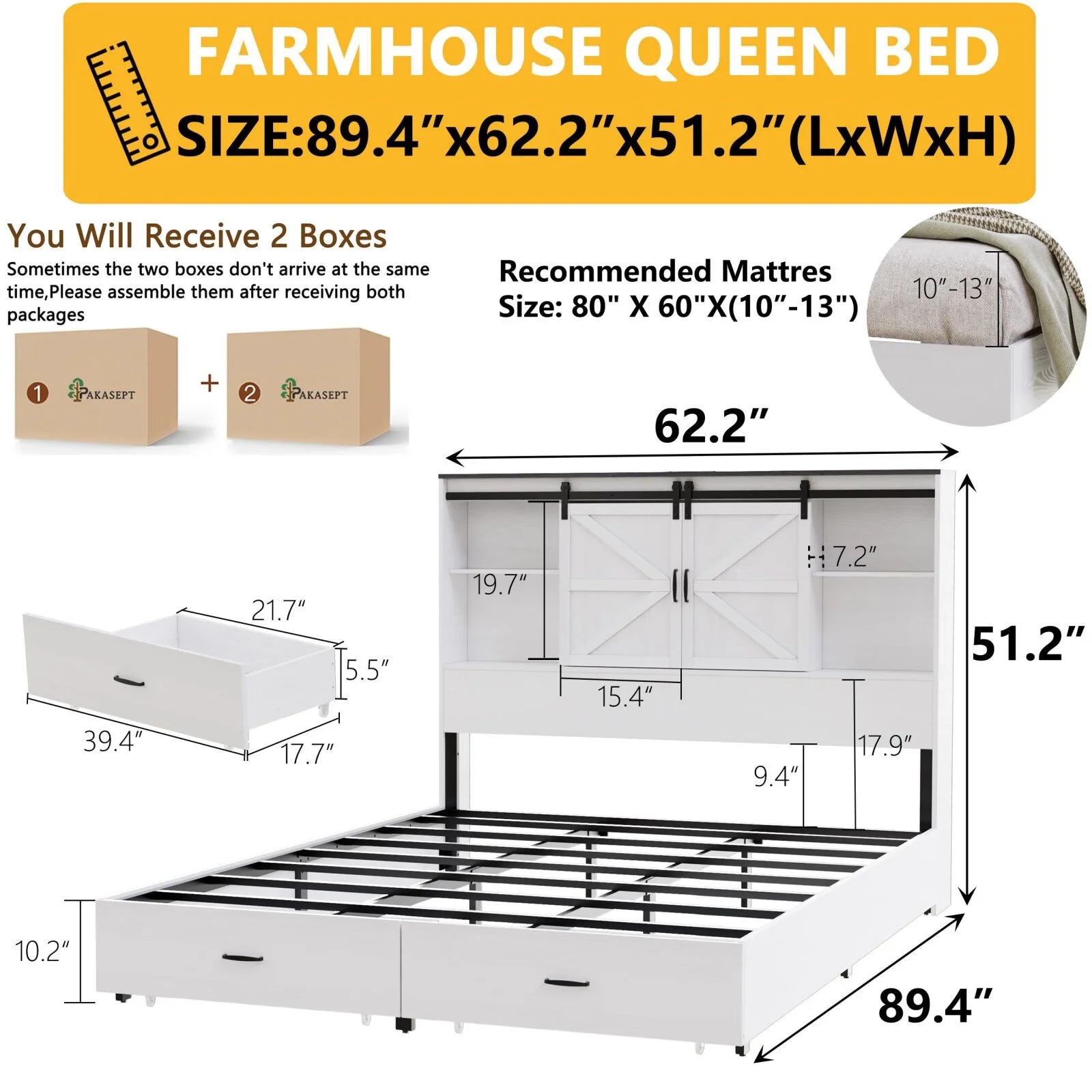 PAKASEPT Farmhouse Queen Size Wooden Platform Bed Frame with Bookcase Headboard Storage, Charging Station, and Sliding Barn Door, No Box Spring Needed