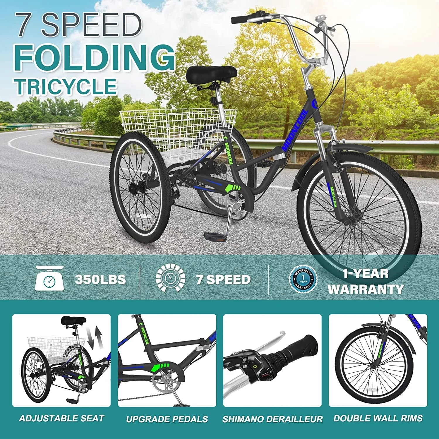 MOONCOOL Adult Folding Tricycle for Adults, 7 Speed 20/24/26 inch 3 Wheels Bikes with Basket, Foldable Tricycle for Adults, Women, Men, Seniors