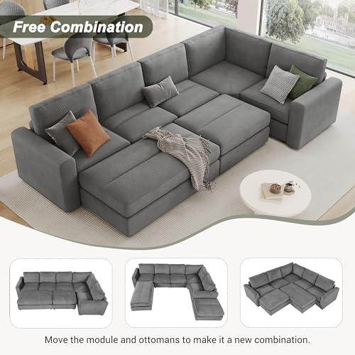 Merax 121.3" Sectional Corduroy Sofa Bed, L-Shape & U-Shape 7 Seat Deep Seating Modular Soft Couch with Two Movable Ottomans for Living Room, Gray