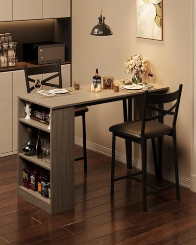 GAOMON 3 Piece Bar Table Set for 2, Bar Table and Chairs Set with with Flip Top Extension, Dining Table Set with Storage Shelves