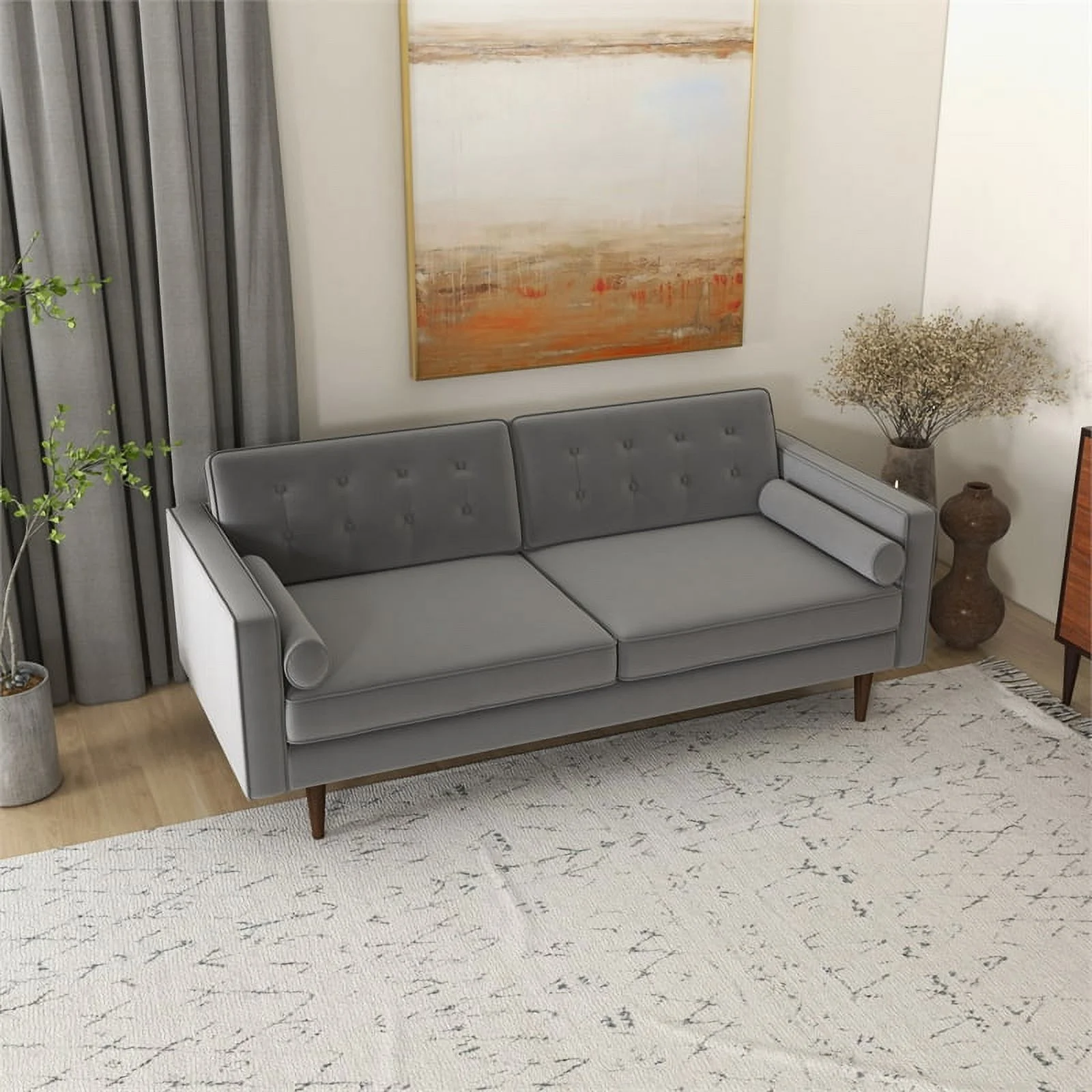 Kearney Mid Century Modern Furniture Style Gray Velvet Living Room Couch
