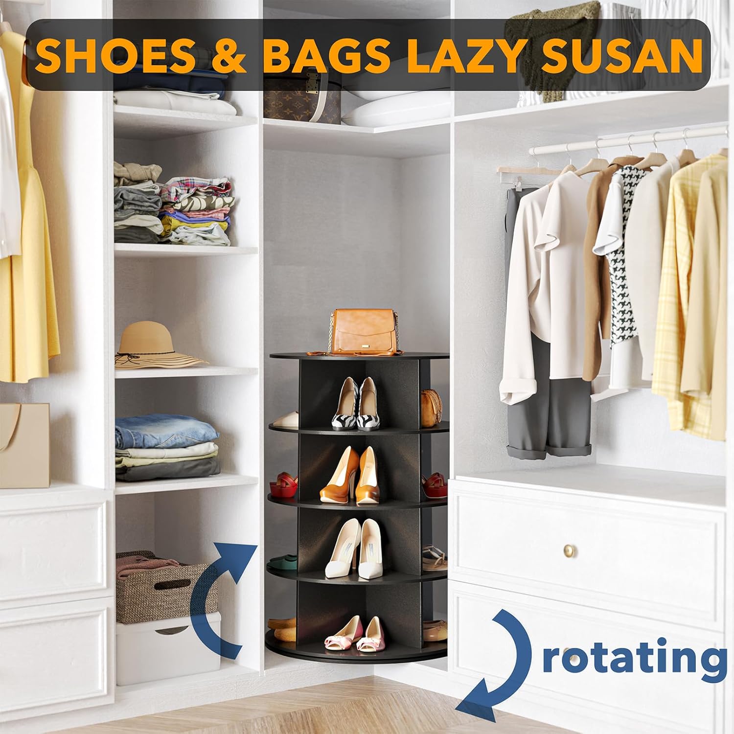 SpaceAid 4 Tier Rotating Shoe Rack Tower, Spinning Shoe Display Lazy Susan, Revolving 360 Shoe Rack Storage Round Carousel
