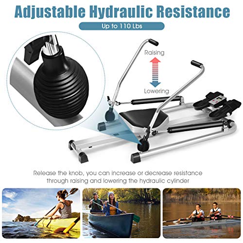 GYMAX Rowing Machine for Home, 265LBS Weight Capacity Hydraulic Rowing Machine with Adjustable Cylinder Resistance up to 110lbs & LCD Monitor