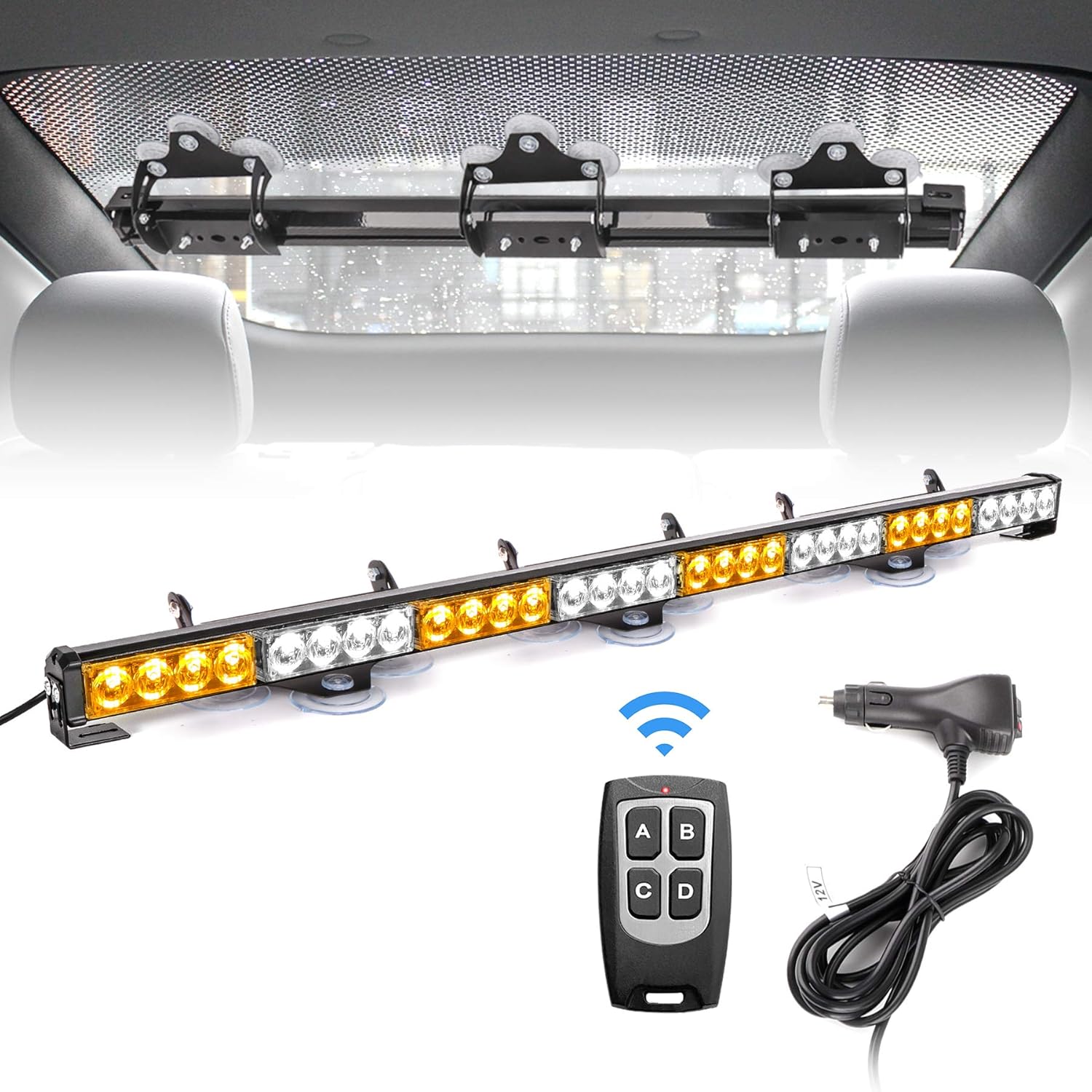 FEELOTAM Amber White Traffic Advisor Emergency Strobe Hazard Warning Light Windshield Safety Lights Bar 35.5 inch 8 Panels for Vehicles with Wireless