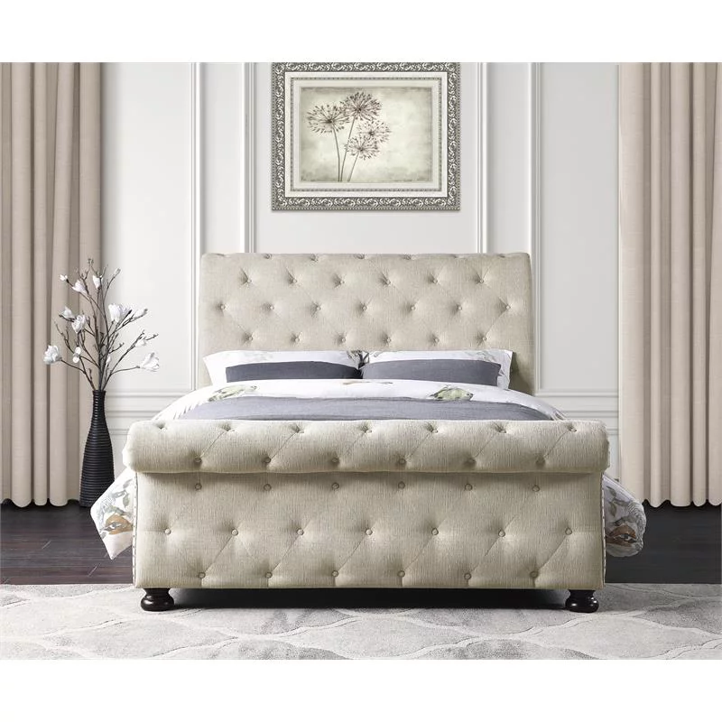 Lexicon Crofton Classic Wood Tufted Sleigh Bed, California King, Beige