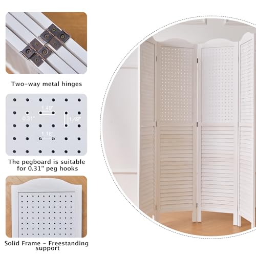 Room Divider Freestanding Folding Pegboard Privacy Screen | 4-Panel Display Stand for Jewelry, Craft Shows, Retail | Natural Wood