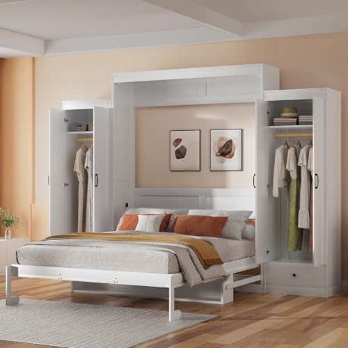 Queen Size Murphy Bed with Desk & Charging Station,Wall Bed Frame Folding into Cabinet Design w/LED & Storage Shelf for Small Space,Bedroom
