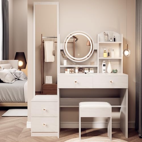 Makeup Vanity Set Touch Control 3 Color Brightness Adjustable Lights Mirror Dressing Table Set with Full Body Mirror Make up Desk with Cabinet Stool