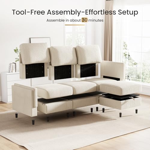 KKL Modular Sectional Sofa Bed with Storage Ottoman, Convertible L/U-Shaped Sleeper Couch for Living Room, Modern Reversible Design, Beige