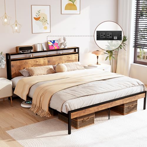 Queen Size Bed Frame with 4 Storage Drawers, LED Platform Bed with Headboard, Built in Charging Station, Noise Free, Stable and Solid