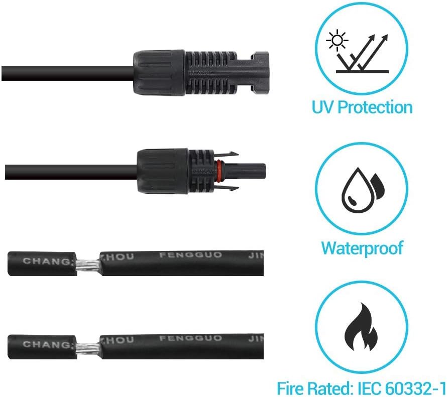 Renogy 40Ft 10AWG Male&Female Extension Cables Solar Panel and Controller Connector Adaptor Wire, Black Pack of 2