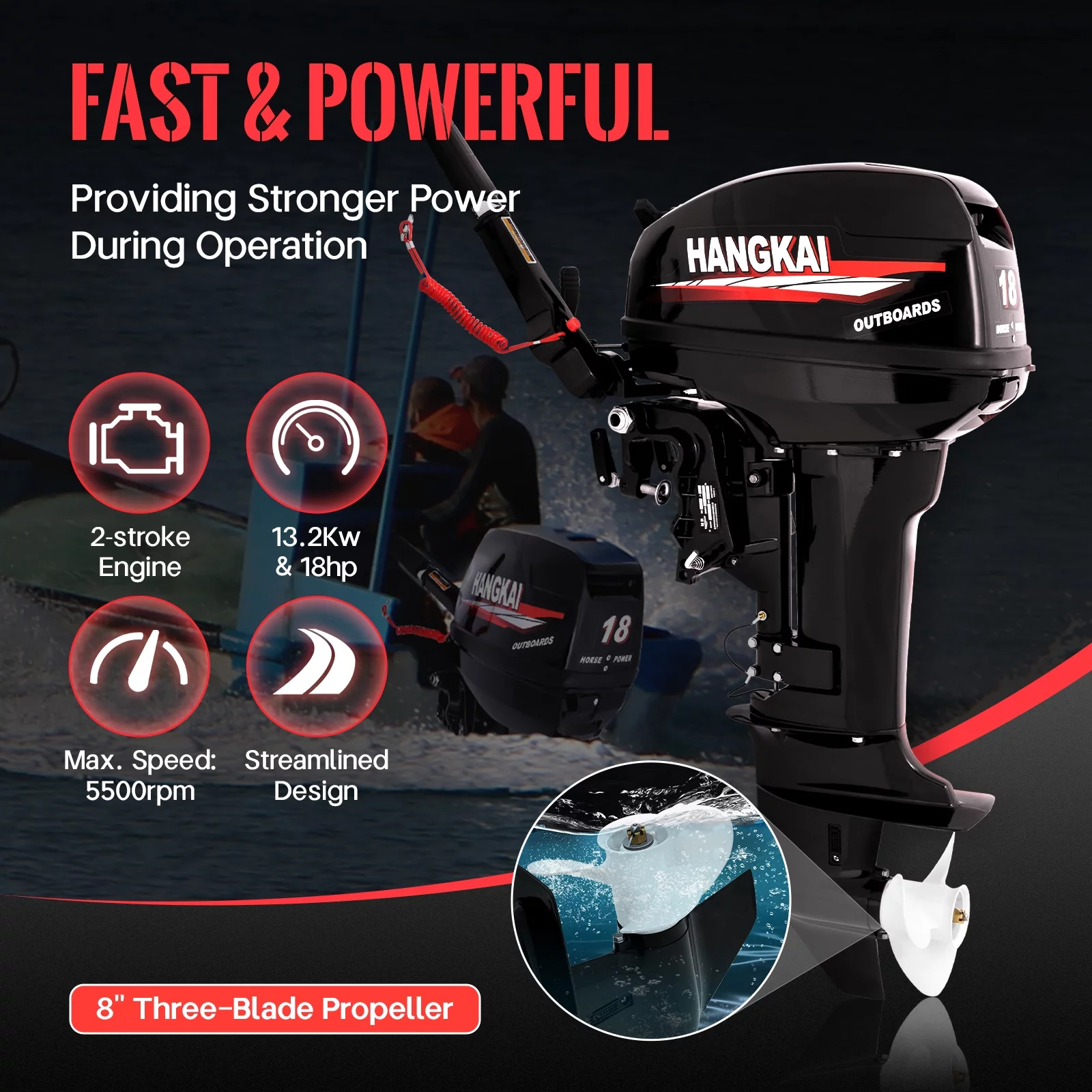 HANGKAI 2 Stroke 18HP Outboard Motor Boat Engine Water Cooling & CDI Short Shaft Marine Outboard Motor