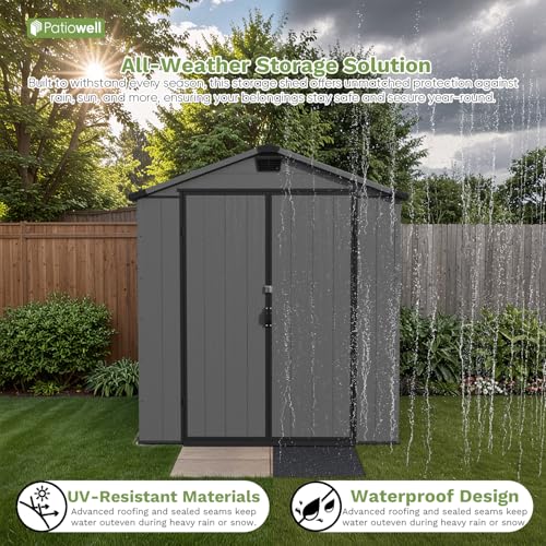 Patiowell 6 x 8 FT Plastic Outdoor Storage Shed with Floor, Resin Outside Tool Shed with Two Windows and Lockable Easy to Install, Door for Garden
