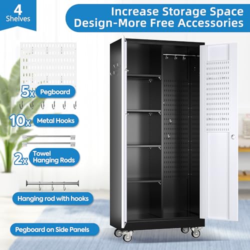 Garage Storage Cabinet with Wheels & Pegboard, 72" H Locking Metal Storage Cabinet with Doors and 4 Adjustable Shelves for Garage Workshop Home