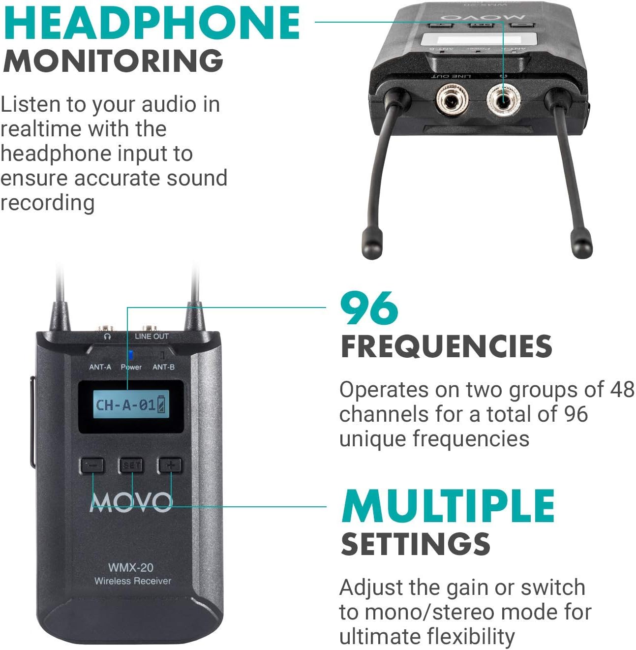Movo WMX-20 48-Channel UHF Wireless Lavalier Microphone System with 1 Receiver, 1 Transmitter