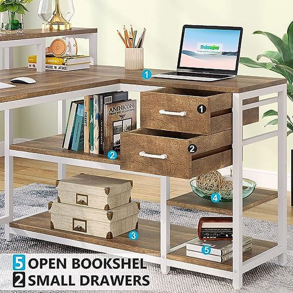 Reversible L Shaped Desk with Drawer  Industrial Corner Desk  Office Table with  Shelves and Monitor Stand  Rustic Wooden and Metal PC Desk for Small