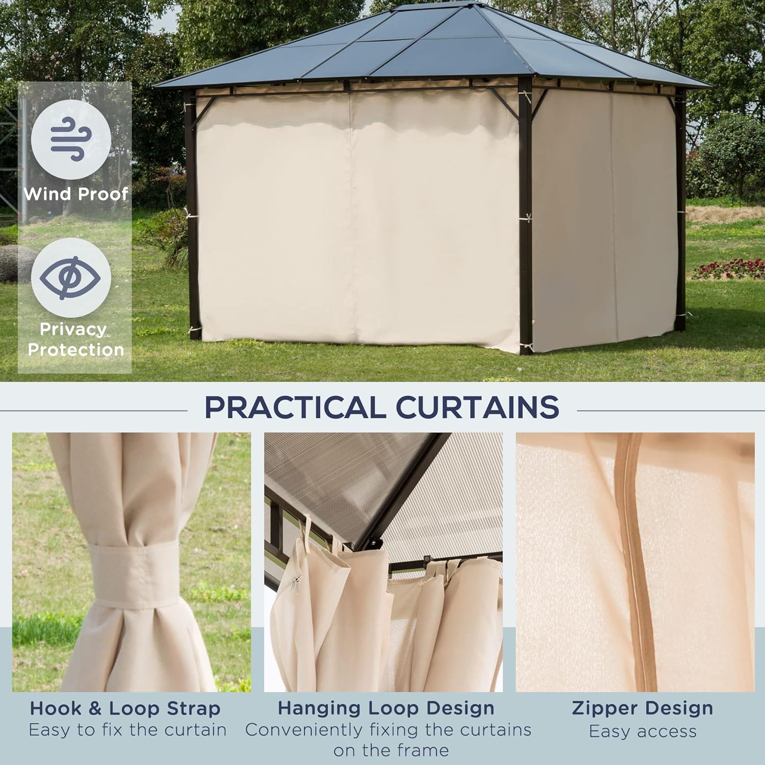 Outsunny 10' x 12' Hardtop Gazebo Canopy with Polycarbonate Roof, Aluminum Frame, Permanent Pavilion Outdoor Gazebo with Netting, for Patio, Garden