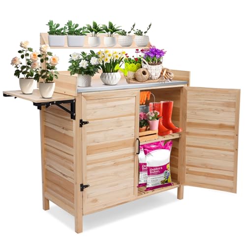 Kalolary Potting Bench for Outside Garden Potting Table with Storage Cabinet Foldable Shelf Multipurpose Garden Workstation Wooden Outdoor Potting