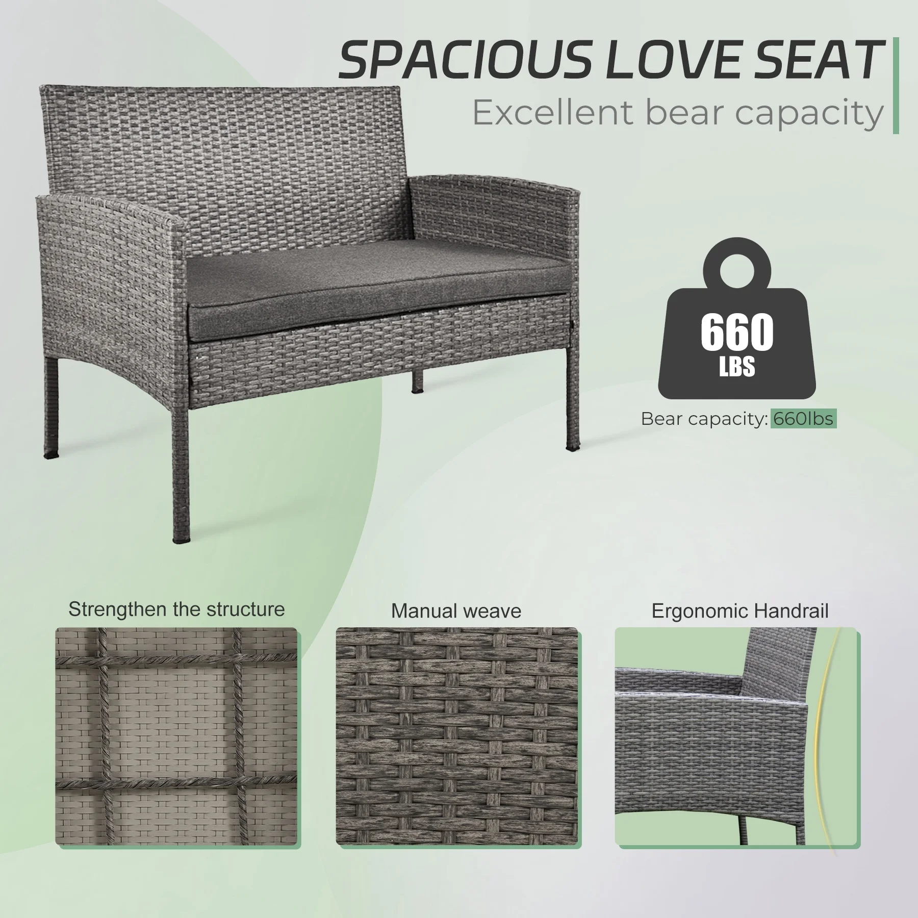 Tappio 4 Piece Patio Conversation Wicker Furniture Set, Outdoor Patio Sectional Furniture Set w/Glass-Top Coffee Table & Gray Cushions