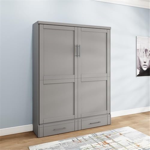 Queen Size Gray Murphy Wall Bed in Solid Wood, No Box Spring Needed, Easy Assembly
