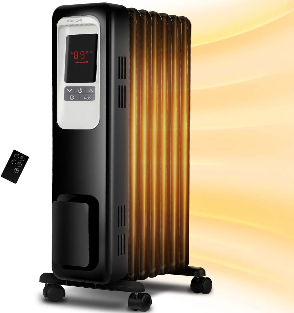 Space Heater, KopBeau 1500W Oil Filled Radiator Electric Heater with Digital Thermostat, 24 Hrs Timer & Remote, Portable Heater for Full Room Indoor