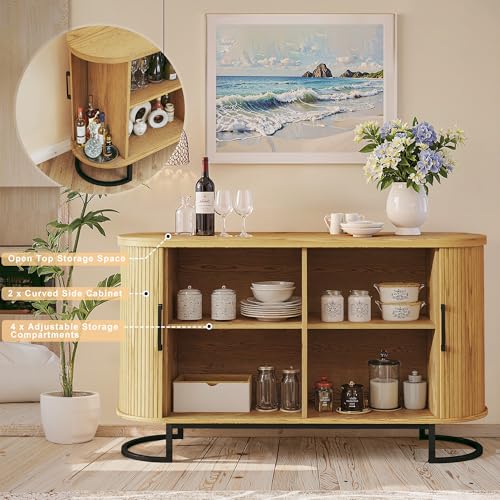 Sideboard Buffet Cabinet with Storage, 54.3" Fluted Tambour, Adjustable Shelves, Mid Century Modern Console for Living Room Kitchen Walnut