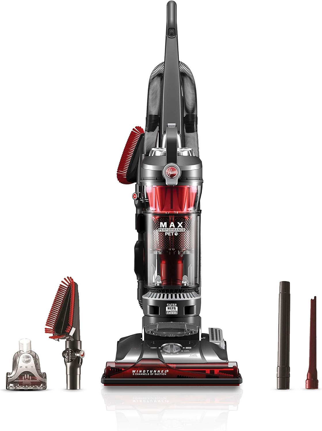 Hoover WindTunnel 3 Max Performance Pet, Bagless Upright Vacuum Cleaner, HEPA Media Filtration, For Carpet and Hard Floor, UH72625, Red