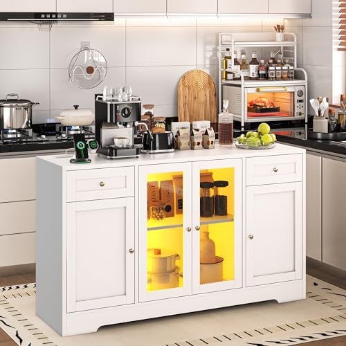 LED Coffee Bar Cabinet with Storage, 55'' Large Sideboard Buffet Cabinet, Wood Coffee Bar Buffet Table with 4 Doors and Charging Station