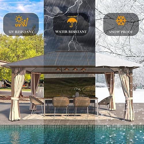YOLENY 10'x13' Hardtop Gazebo, Outdoor Polycarbonate Double Roof Canopy, Aluminum Frame Permanent Pavilion with Curtains and Netting