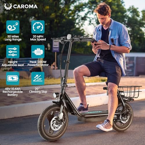 Caroma Peak 500W/800w/1200w Electric Scooters for Adults 14" Tire, 48V Battery, 30Miles Range, 20MPH Top Speed, Adjustable Electric Scooter with Seat