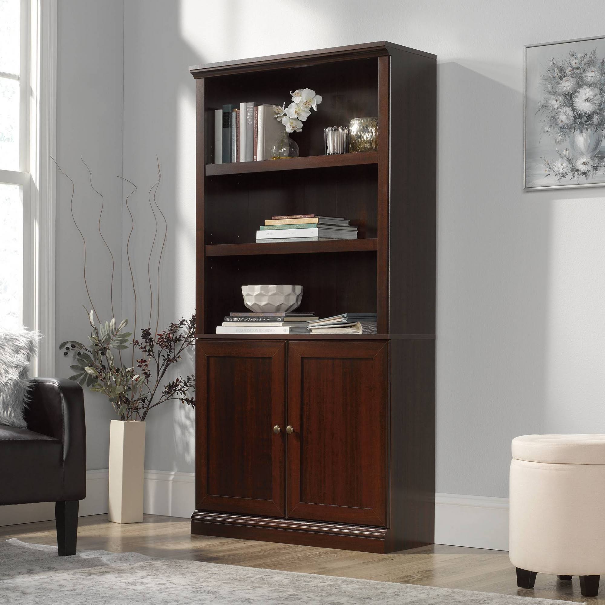 Sauder 5-Shelf Bookcase with Doors in Select Cherry