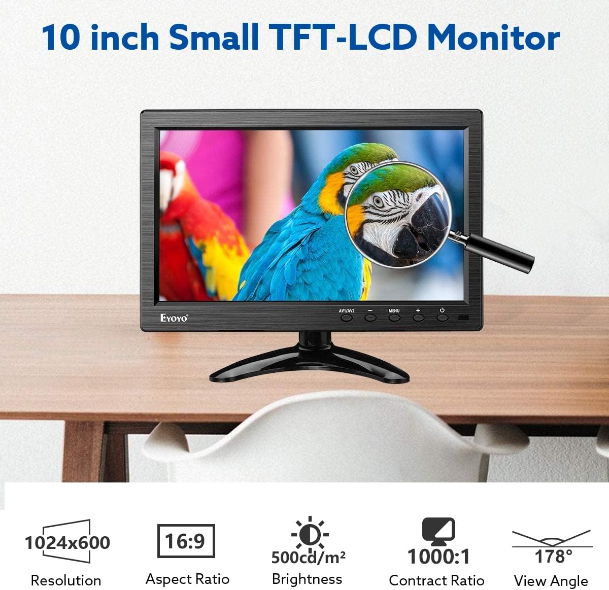 Eyoyo 10 Inch Monitor 1024x600 Small Display HD TFT LCD Display Screen Support AV VGA BNC HDMI Video Input for CCTV DVD PC DVR with Speakers and