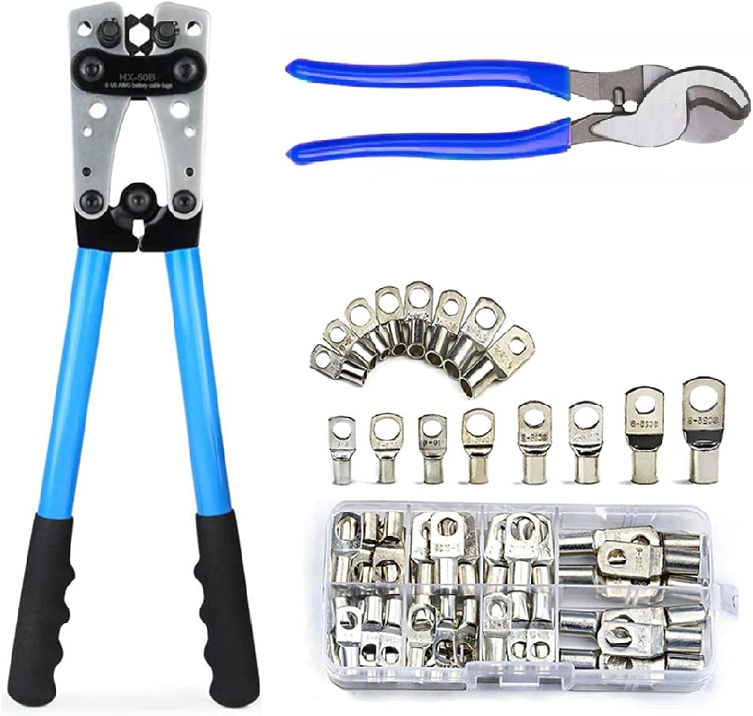 HKS Battery Cable Lug Crimping Tool 10-1 AWG with 60Pcs Copper Ring Terminals 8 Sizes Cable Lugs Set